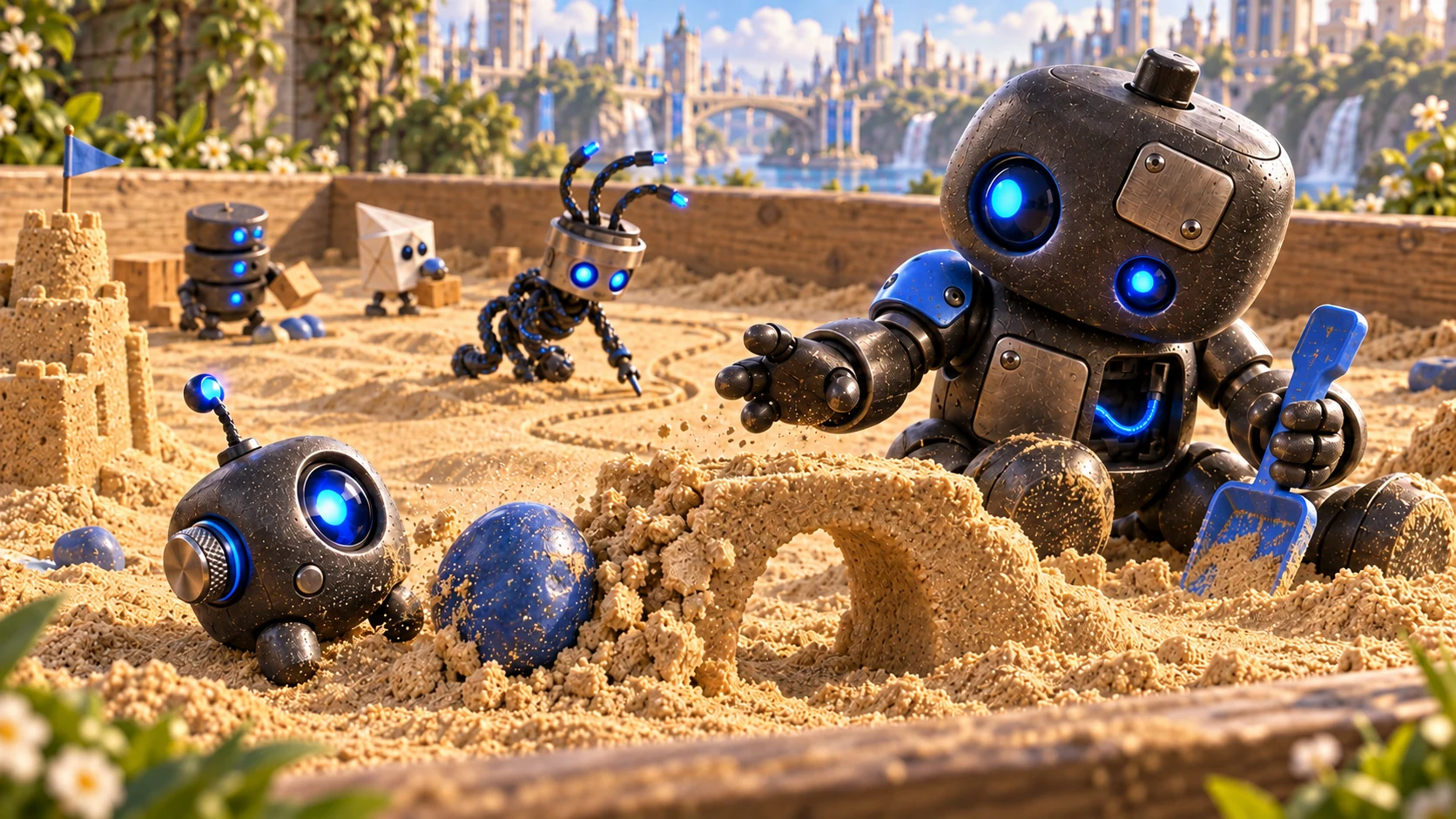 Gizmo watches a miniature sand bridge crumble after nudging a large blue pebble, while Patcher prepares to help rebuild.