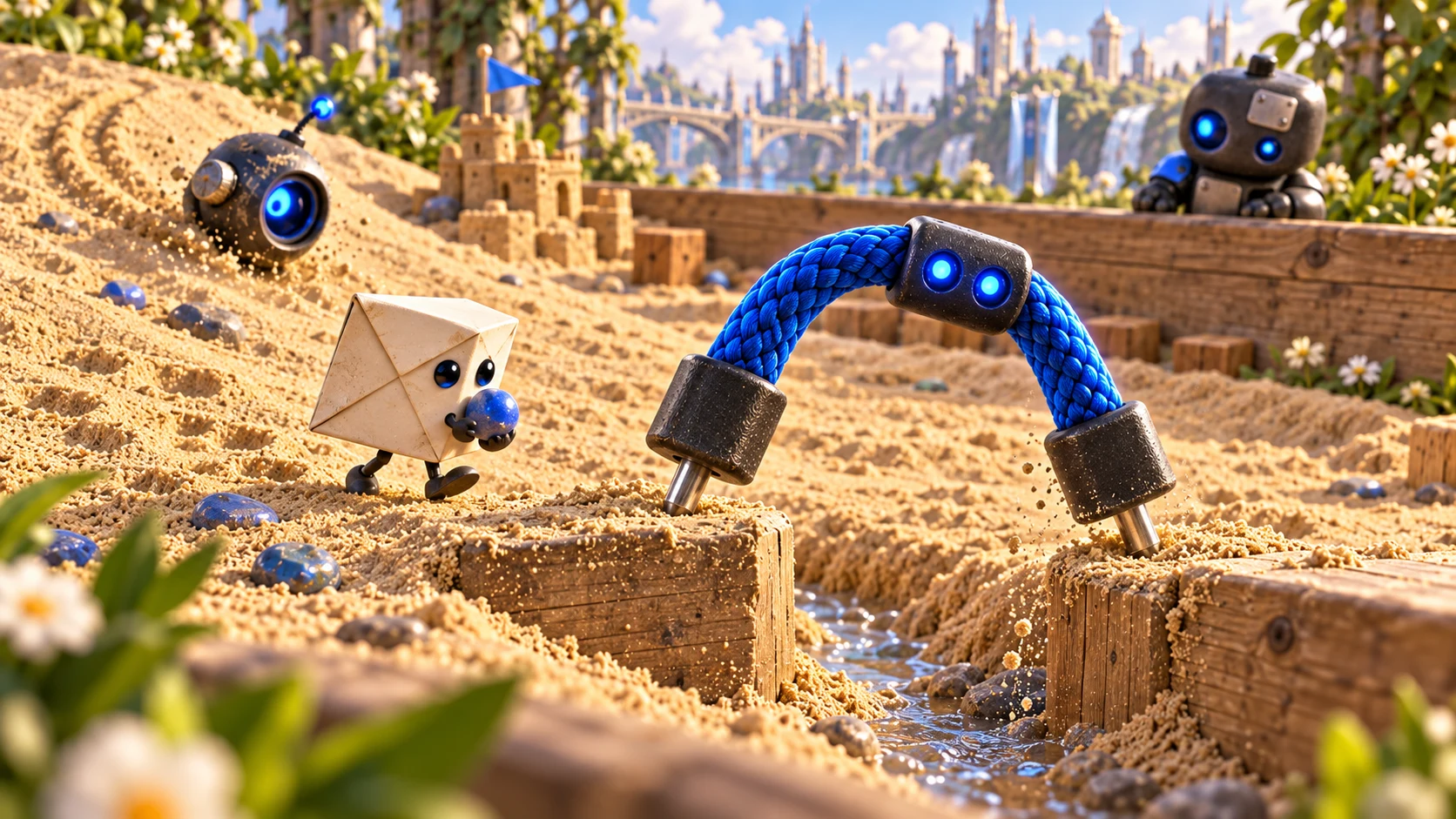 Young Jumper spans a small channel while an envelope courier tries a route with a blue pebble parcel.